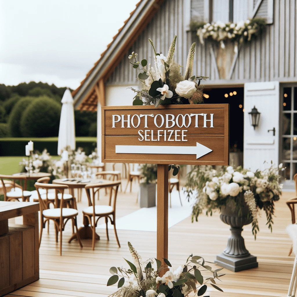 Panneau directionnel décoré vers le photobooth mariage Selfizee