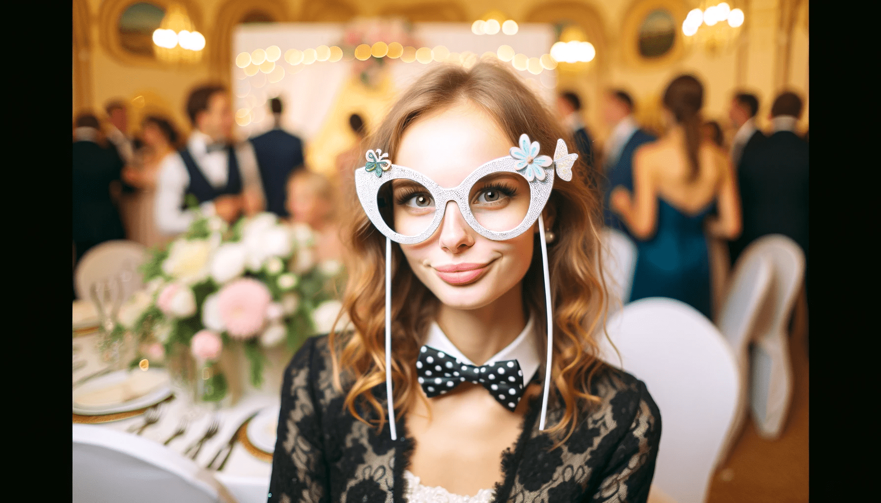 invitée de mariage équipée d'un accessoire de lunettes pour une photo devant un photomaton de mariage 
