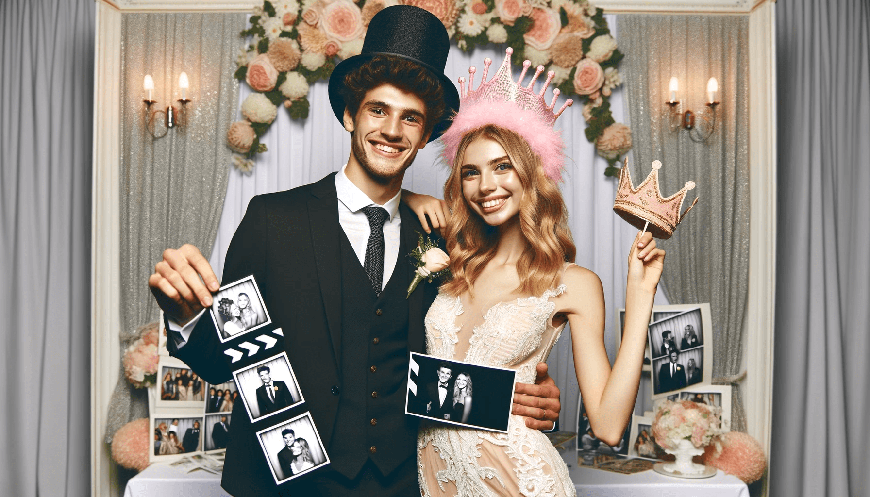 couple de mariés avec accessoires chapeaux devant une selfie box de mariage