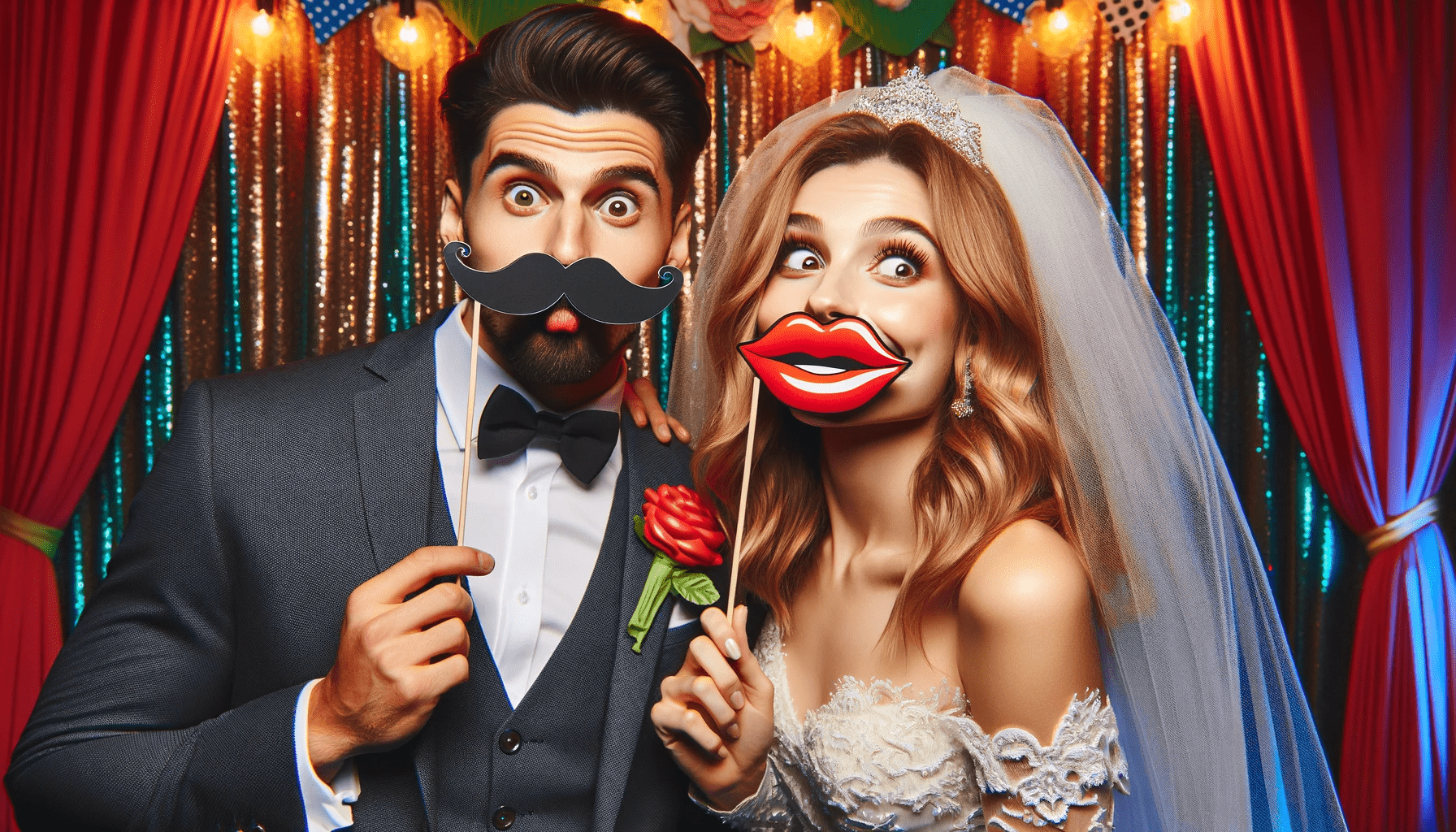 couple de mariés avec des accessoires de moustache et lèvre prenant une photo devant une box selfie de mariage