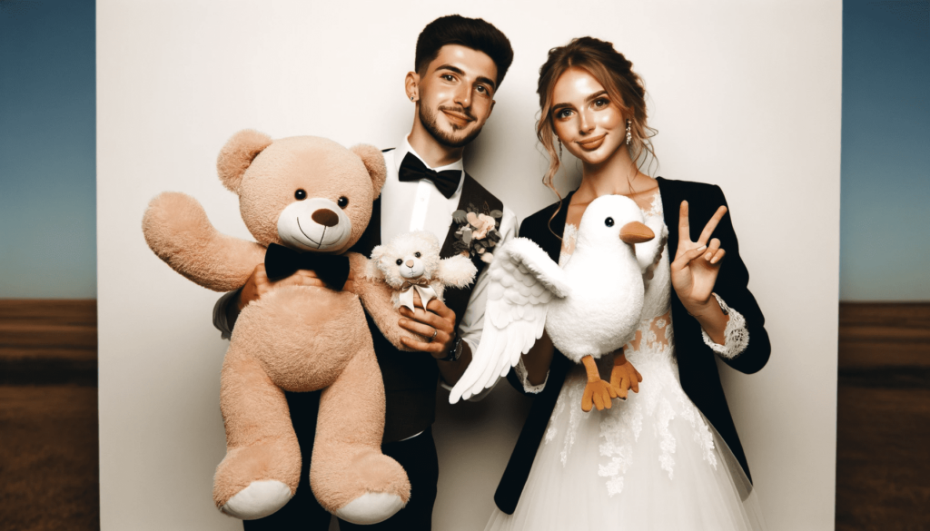 Une photo pleine de tendresse avec des peluches et une borne photo de mariage